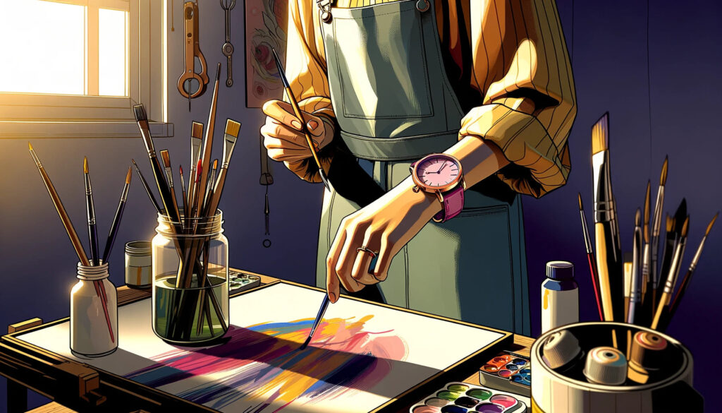 Artista en su estudio, pintando, con un reloj colorido
