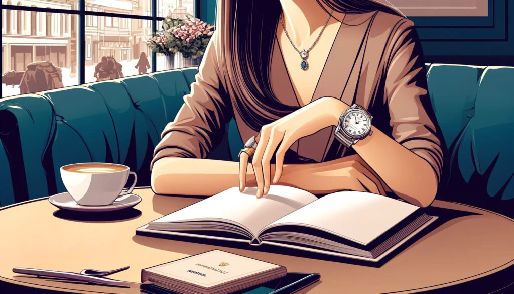 Madre elegante en un café, con su reloj