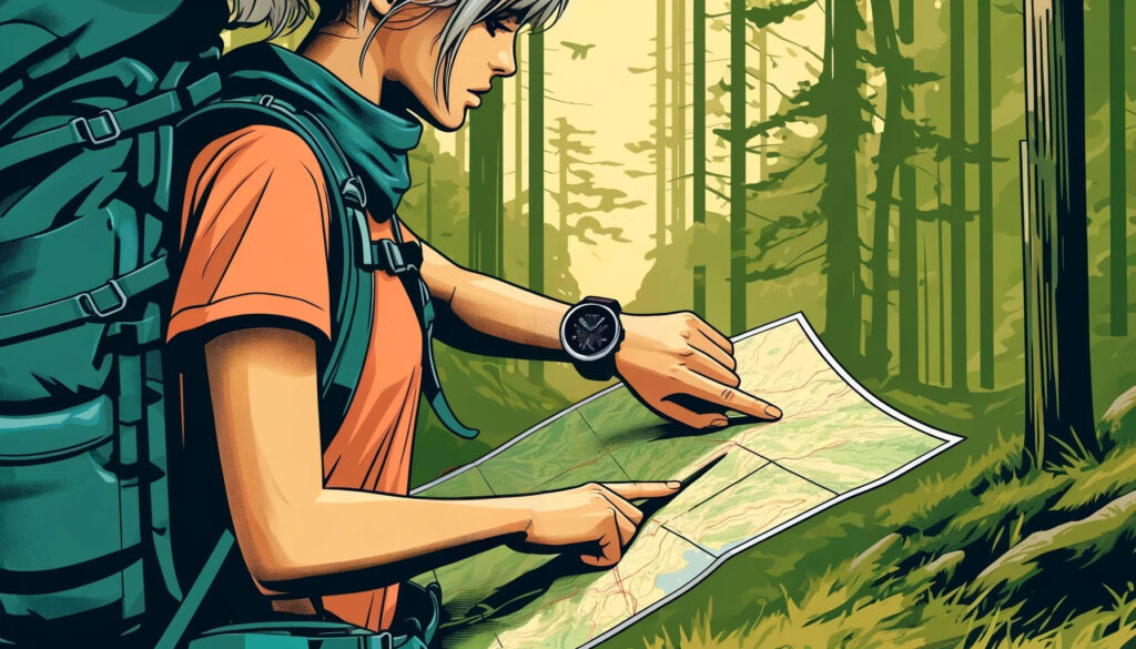 Madre aventurera con su reloj y un mapa en el bosque