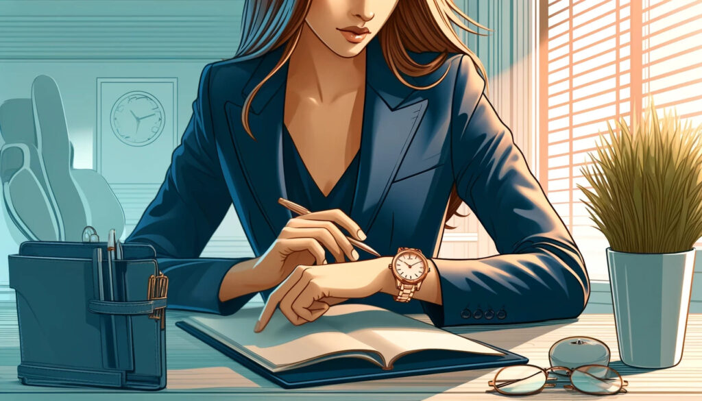 Madre profesional en el escritorio de su oficina consulta su reloj